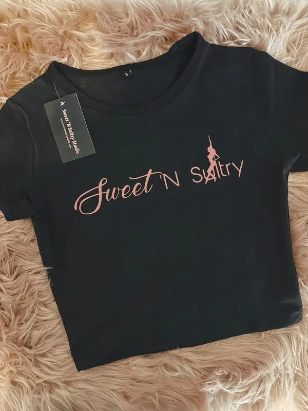 Black SNS crop shirt with pink script logo